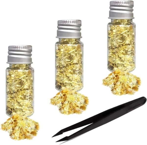 Gold Foil Copper Leaf,3 PCS Gold Foil Flakes Gold Leaf Metallic Foil Flakes 5g Foil Flakes with Tweezer for Slime and Resin Jewelry Making Nail Art Painting DIY Craft