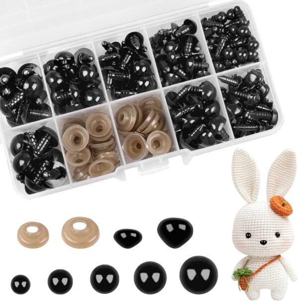 Safety Eyes for crochet toys,135pcs Doll Eyes and Noses,Craft teddy bear eyes with Washer for Toy Making DIY Crafts(Black,6-12 mm)