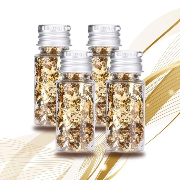 Tiiyee 4 Bottled Decorative Gold Leaf Flakes, 24K Edible Gold Cake Decorations Gold Leaf Sheets Metallic Gilding Paper for Cake Chocolate Decor Craft Cooking Makeup Resin DIY Arts Nails Jewelry Making